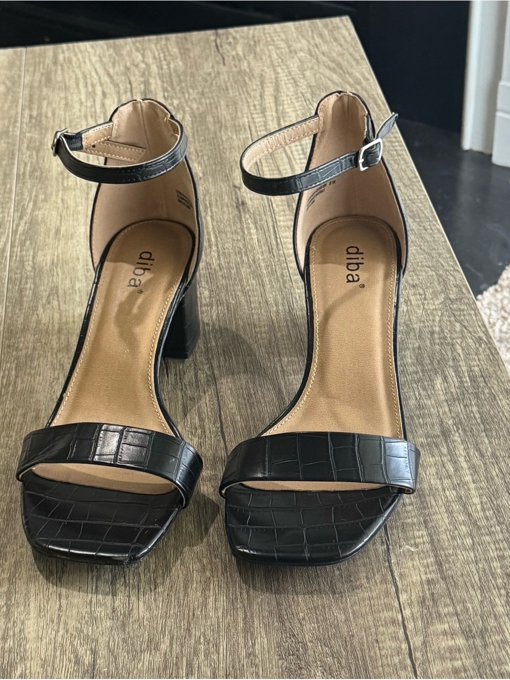 Diba Black Croc-Embossed Block Heel Sandals